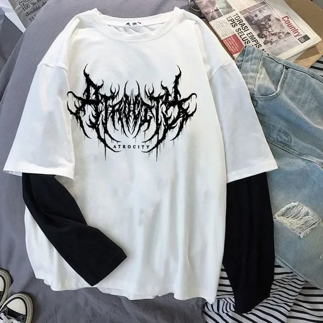 Frauen Atrocity Print Grafik Gefälschte Zwei Langarm T-shirts Mode Gothic Retro Casual Lose Gefälschte Zwei Langarm T Shirt
