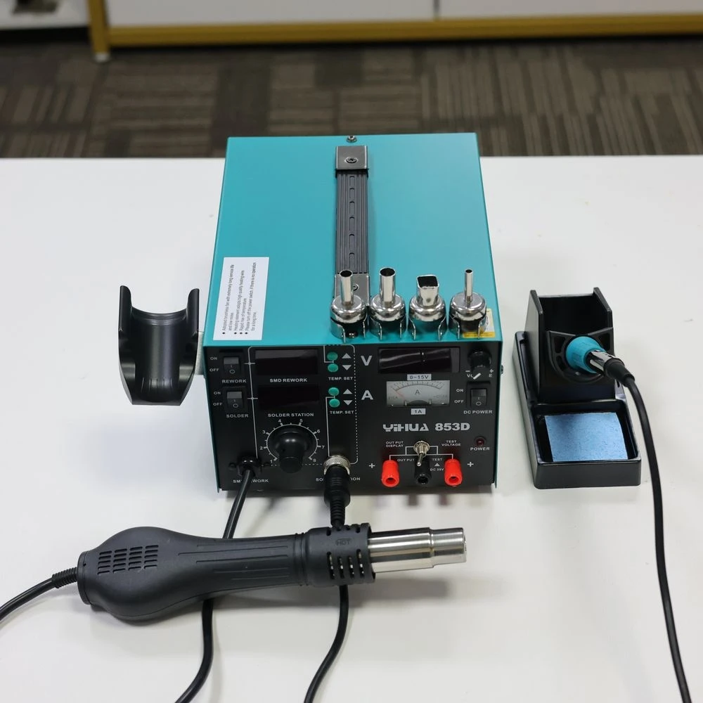 

3-in-1 YIHUA 853D 1A 760W Soldering Station: Digital Hot Air Desoldering + Iron + 15V Power