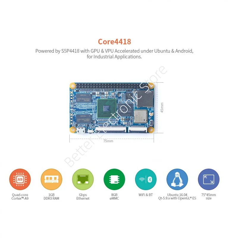 

Плата разработки CORE4418 - S5P4418 со встроенными WiFi, Bluetooth и гигабитным Ethernet (Поддержка Lubuntu)​