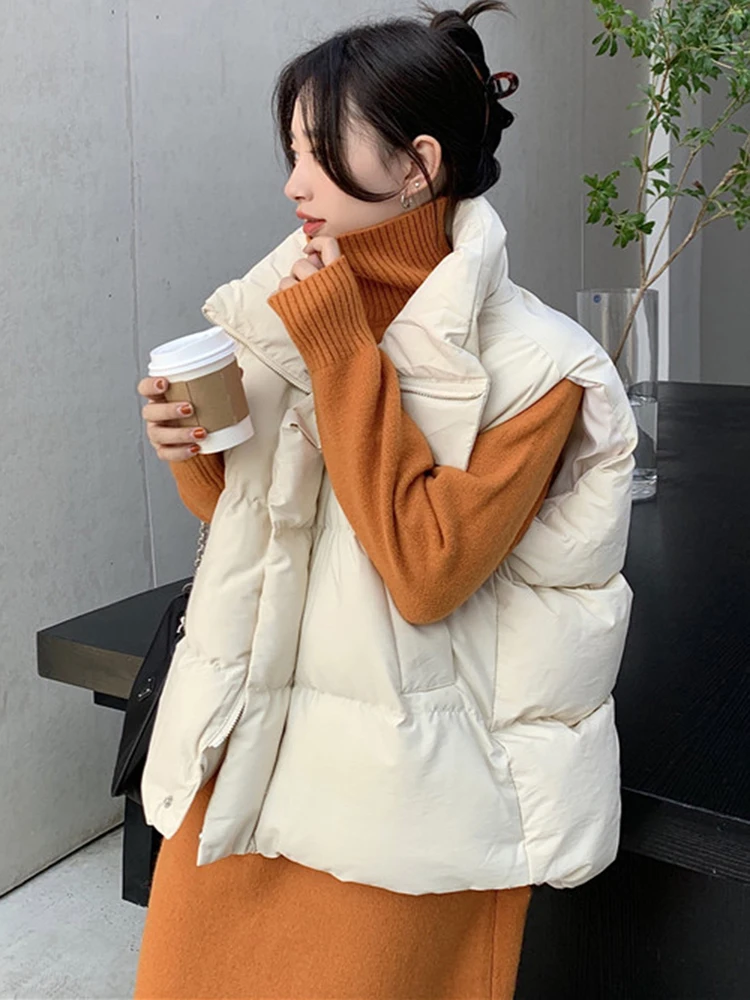 

Белый пуховый жилет женский свободного кроя, верхняя одежда для повседневной носки, на молнии, стандартной длины, с хлопковой подкладкой, однотонный