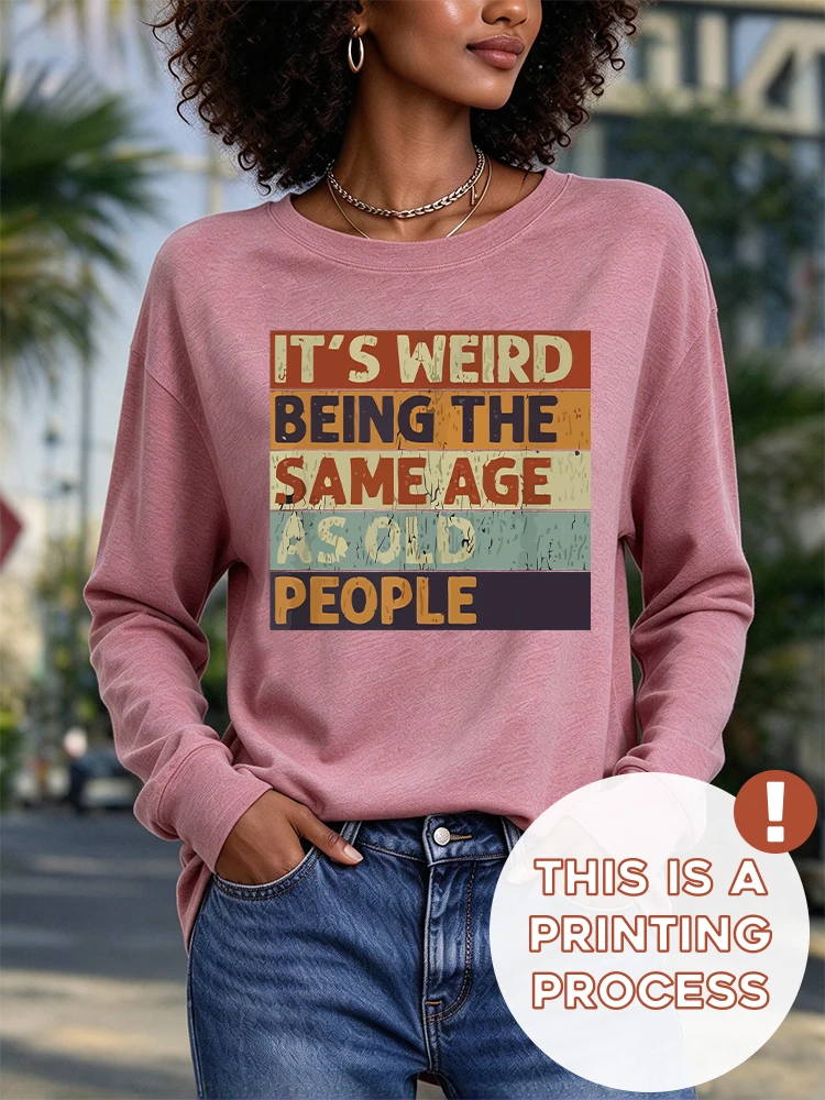 Vintage Distressed Print Women Crew Neck Long Sleeve Graphic T-Shirt, Funny Quote 