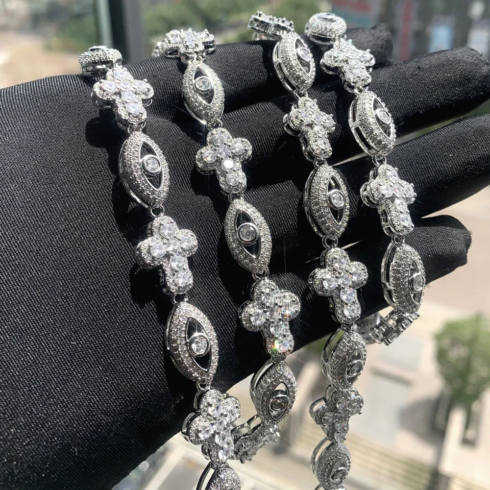 

New Fashion Iced Out Men Boy Jewelry Micro Paved 5A Cubic Zirconia CZ Cross Evil Eyeshape Charm Link Chain Hip Hop Necklaces