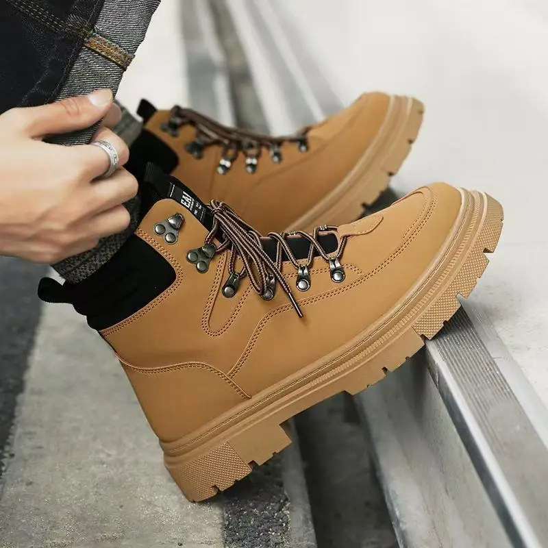 British Style Men Boots Thick Sole Platform Work Boots Casual Lace Up Ankle Boots Outdoor Waterproof Spring Shoes