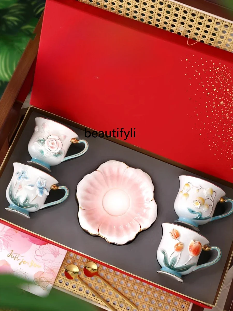 Embossed flower hand-painted ceramic high-end coffee cup set household afternoon tea water cup