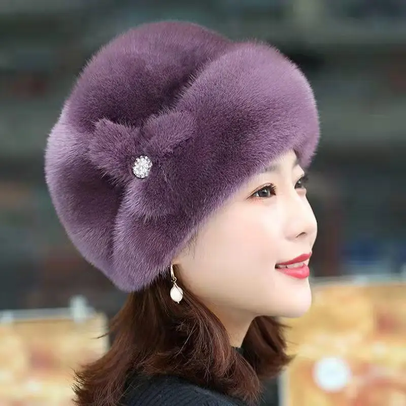 New Mom Style Hat Women\'s Winter Artificial Mink Hair Top Hat Fashion Leather Warm Hat Middle-Aged and Elderly Fur Bag Cap Trend