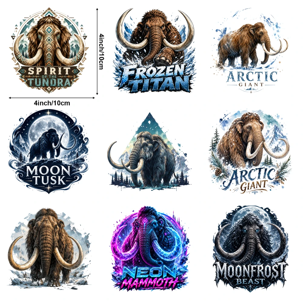 9 Pcs Mammoth Art Iron on Transfers Hoodie DIY Crafts Washable heat transfer stickers casual style. Press Washable Stickers