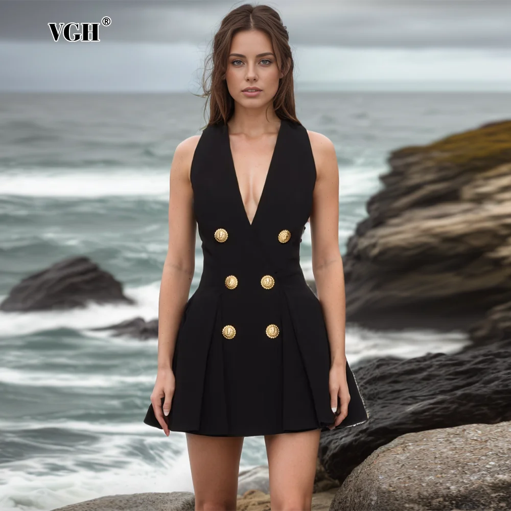 VGH Solid Spliced Button Temperament Dresses For Women V Neck Sleeveless High Waist Elegant Slimming Pleated Dress Female New