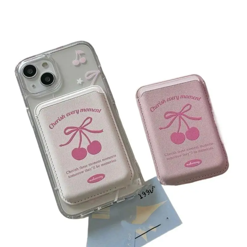 Korean Cute Bow Magnetic Phone Card Holder Soft PU Leather Wallet Pocket for Office Commute Outdoor Shopping