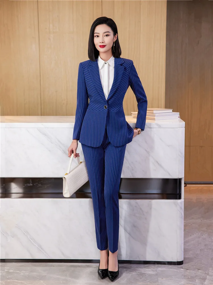 Formal Pant Suit for Women Long Sleeve Blazer and Trousers Blue Striped Suit Office Business Work Wear Lady Fashion 2 Piece Set