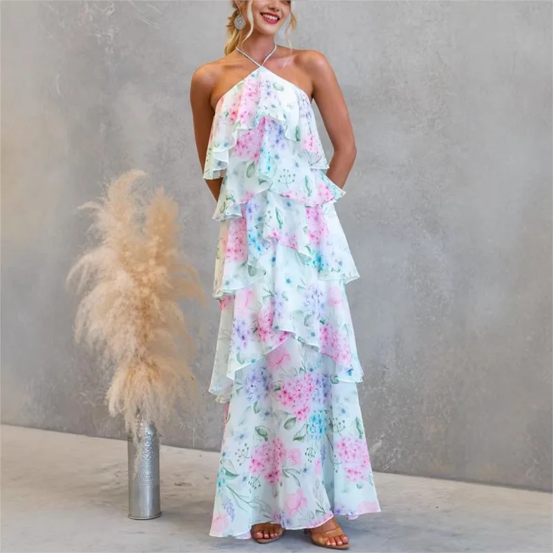 

2026 Summer Stacked Ruffled edges Dress Sleeveless Halter High Waist Patchwork Maxi Dresses Holiday Beach Vacation Streetwear