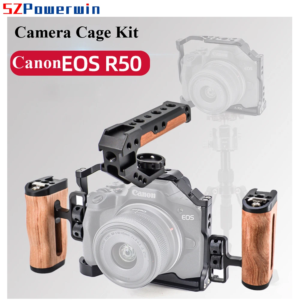 Powerwin For Canon EOS R50 Camera Cage with wooden Handle Kit Aluminum Alloy Multifunctional Arri Locating Screw