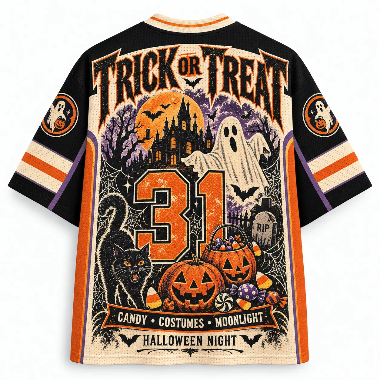New Halloween Jersey, Jack-o'-lantern Ghost Black Cat Haunted Castle Candy 3D Print V-Neck Unisex Streetwear for Trick or Treat
