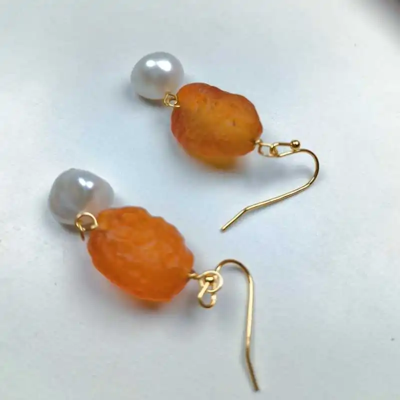 

Handmade natural pearl earrings with yellow jade beads Hoop Bohemian Women Drop Ear Cuff Party Eardrop Beaded Stud