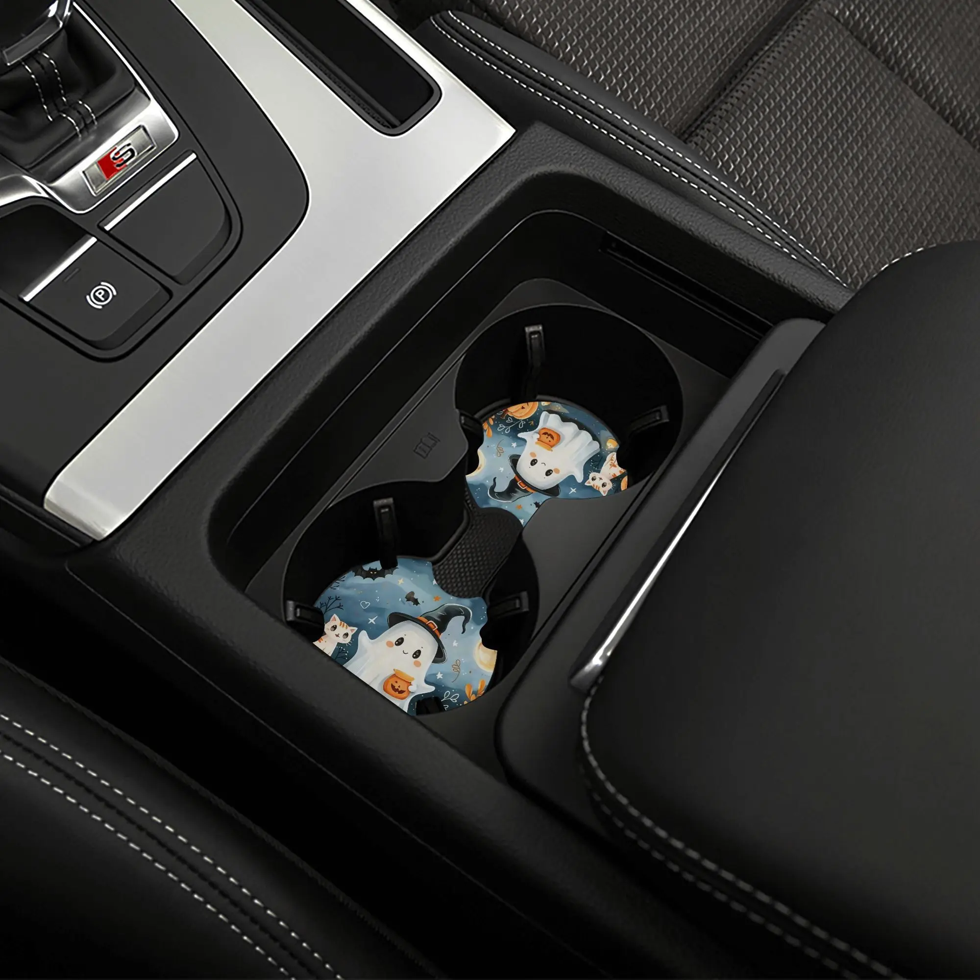 2pcs Halloween Scene Drawing with Cat, Ghost, And Pumpkins Car Cup Holders, Coasters, Car Water Cup Pads, New Year'S