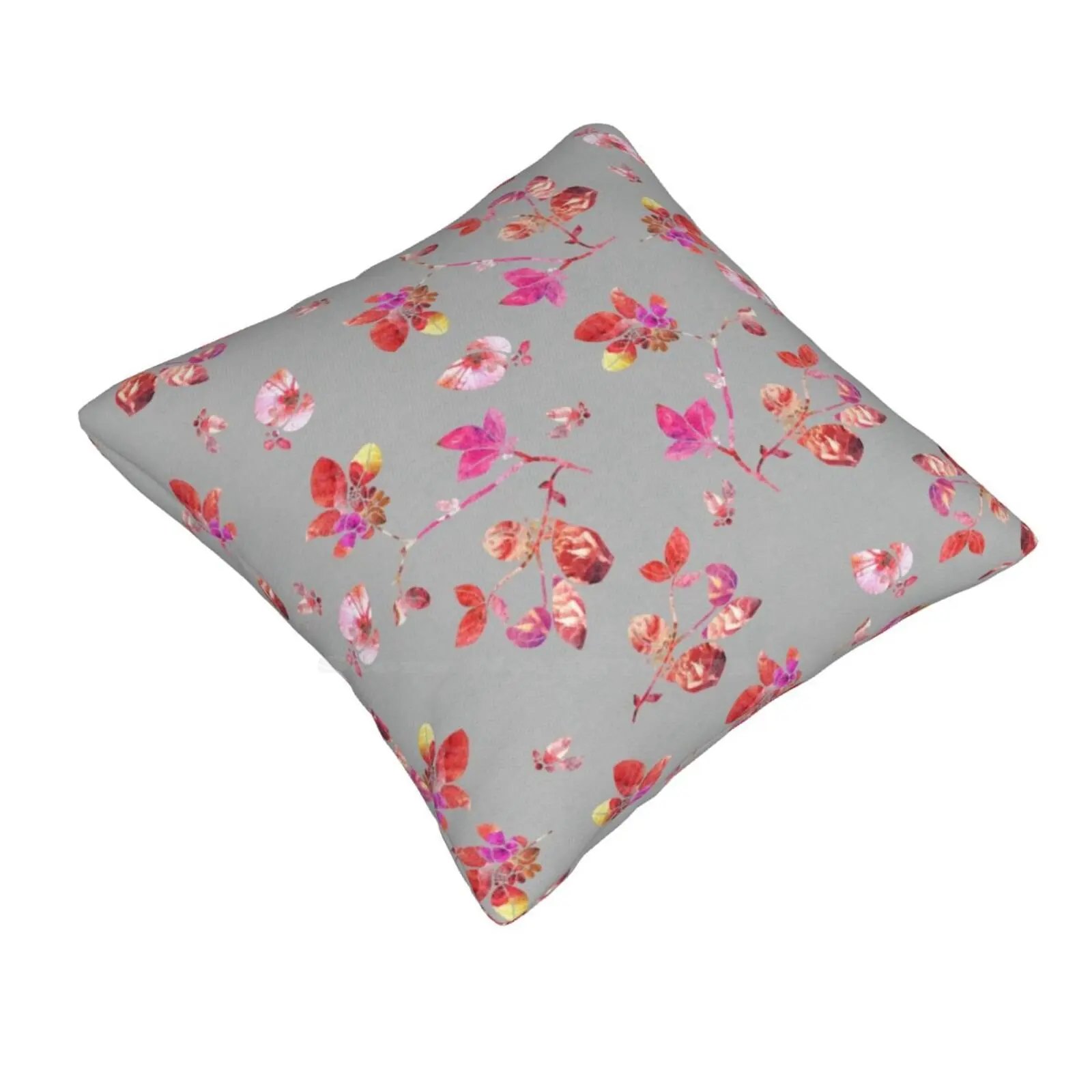 Bloom Funny Cute Decor Square Pillowcase Floral Flowers Nature Pattern Roses Hibiscus Pink Grey Leaves Leaf Collage