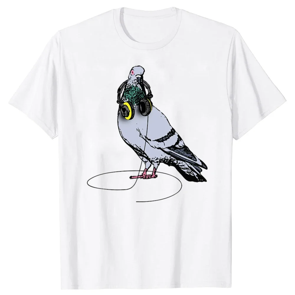 

Techno Pigeon DJ Headphones Graphic Soft Cotton Crew Neck Short Sleeve T-Shirt for Men and Women