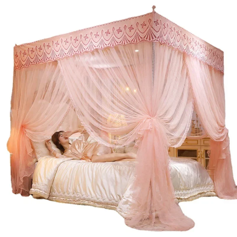 Pure Color Lace Princess Palace Mosquito Net Floor Stand with Frame Canopy Bed Curtains with Bracket 4 Corner 3 Side Openings