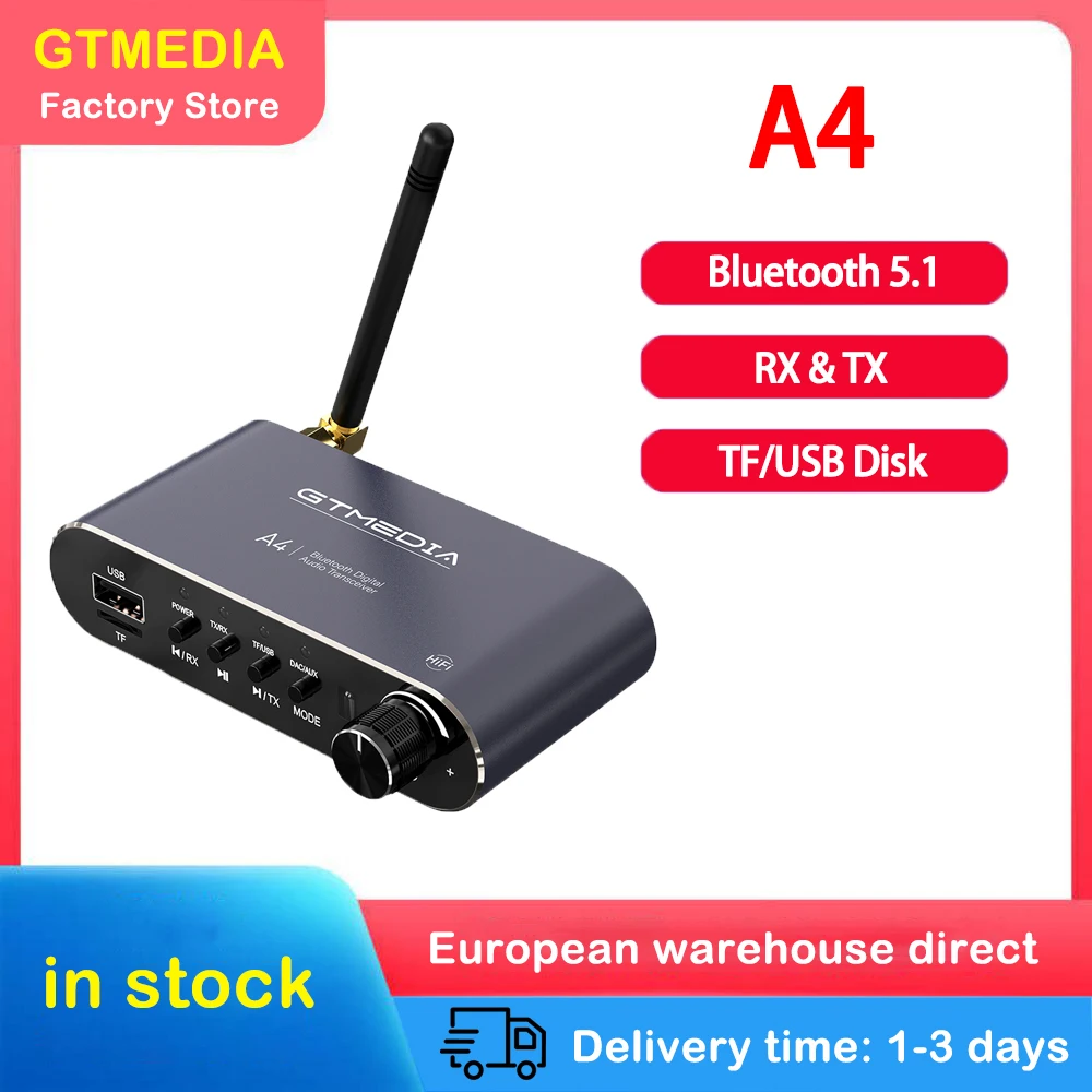 

GTMEDIA A4 Bluetooth Receiver 5.1 Bluetooth Transmitter 4 in 1 Bluetooth Adapter RX: A2DP/AVRC,TX: A2DP SBC AAC TF/USB Disk