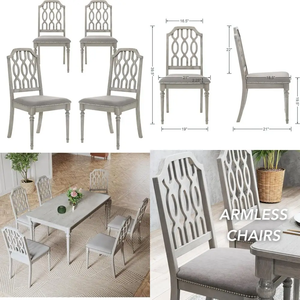 مجموعة من 4 كراسي لتناول الطعام في المزرعة على الطراز الريفي الفرنسي مع ظهور شبكي خشبي ومقاعد منجدة وزخرفة رأس الأظافر