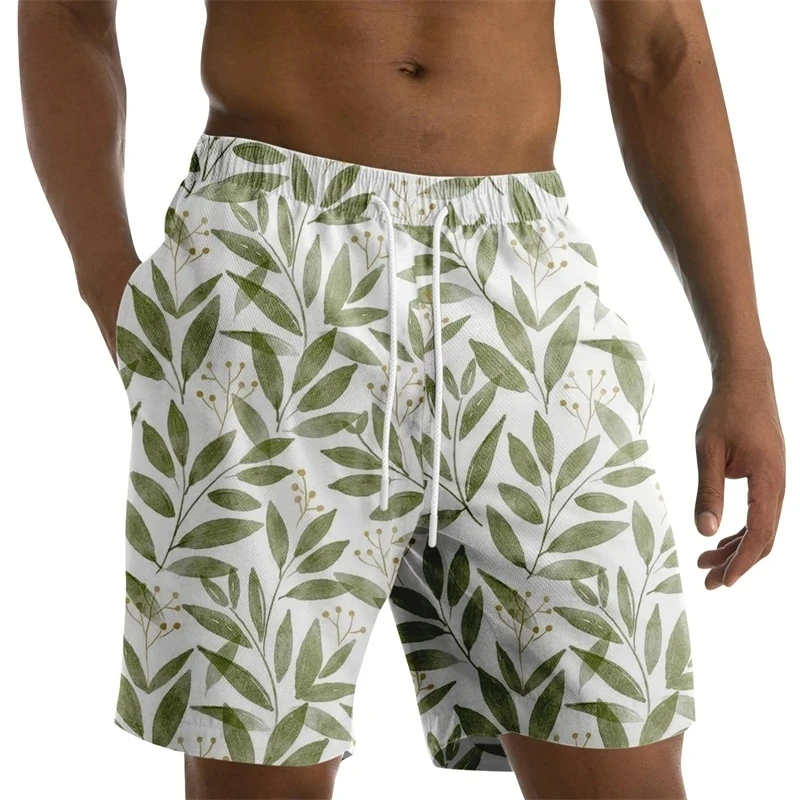 Coconut Leaves Men\'s Flowers Beach Briefs Summer Big Size Swimwear Men Board Shorts Casual Hawaiian 3D Holiday Trunks Stripe