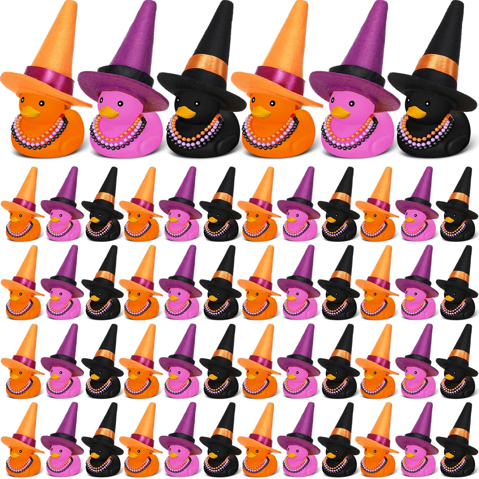 48PCS Halloween Mini Rubber Duckies with Sunglasses Necklace,Mini Witch Hats and Broom Necklace Craft for Halloween Decor