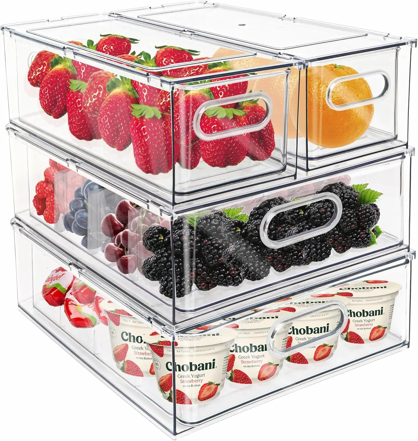 

Clear Fridge Drawer Organizer Stackable Pull Out Bins with Dividers, 4 Pack