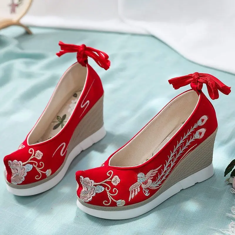 Chinese Ancient Embroidered Shoes Woman Ming Dynasty Traditional Heighten Wedge Hanfu Embroidered Shoes Red WhiteWomen Plus Size