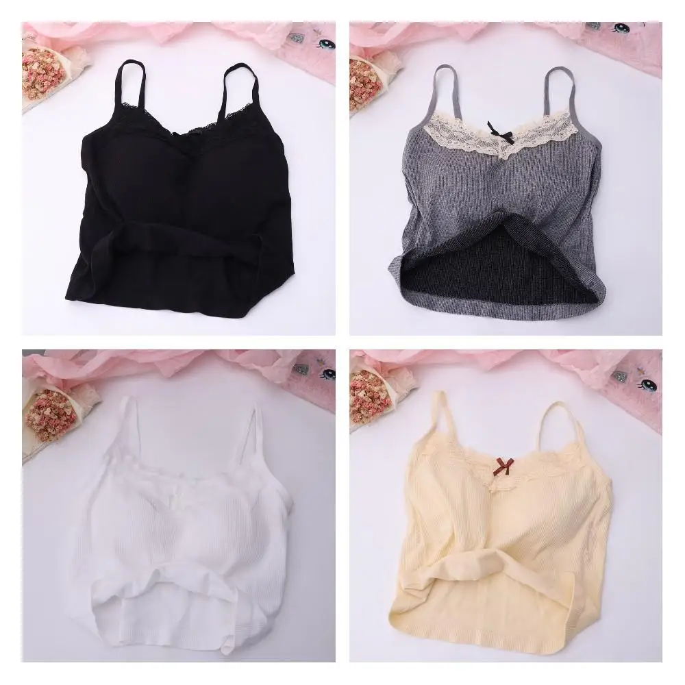 Elastyczne topy na ramiączkach z kokardą i wkładkami w biuście, dopasowane, krótkie, dzianinowe bluzki typu tank top dla kobiet w stylu Y2K.