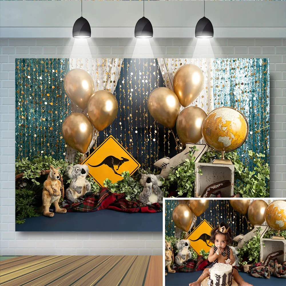 Animals Backdrop Kangaroo Koala Cake Smash Photography 1st Birthday Party Props Gold Balloons Australian Adventure   Photostudio