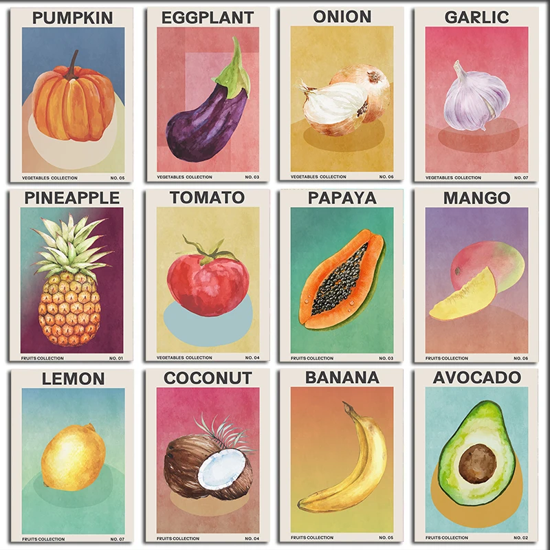 Retro Style Vegetables and Fruits Mango Poster Avocado Pumpkin Lemon Prints Canvas Painting Wall Art Pictures Kitchen Home Decor