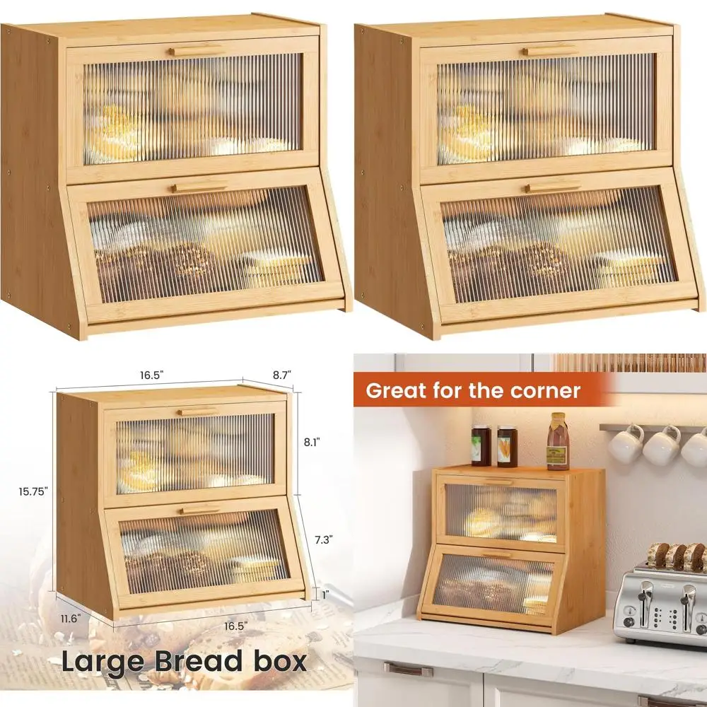 

Большая бамбуковая хлебница с волнистой акриловой дверцей для кухонной столешницы, натуральная отделка