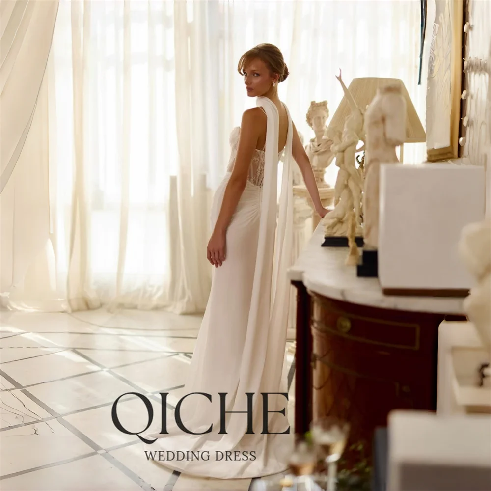 QICHE Classic Lace Mermaid Wedding Dresses V-Neck Spaghetti Straps Open Back Slit Pleat Bridal Gown Vestido De Noiva Customized
