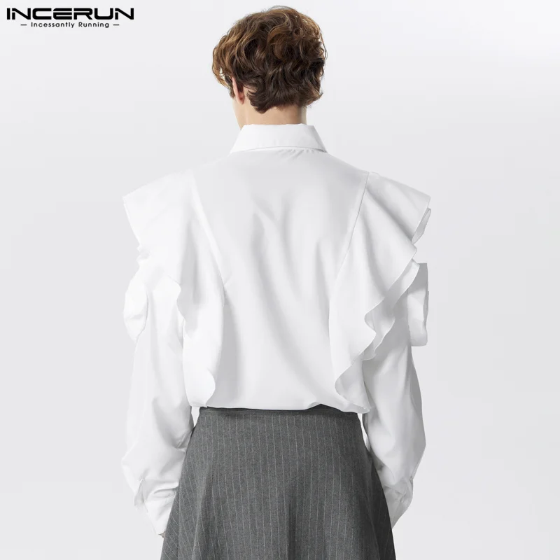 INCERUN 2024 Men\'s Shirt Solid Color Lapel Long Sleeve Ruffle Casual Men Clothing Streetwear Loose Elegant Fashion Camisas S-5XL