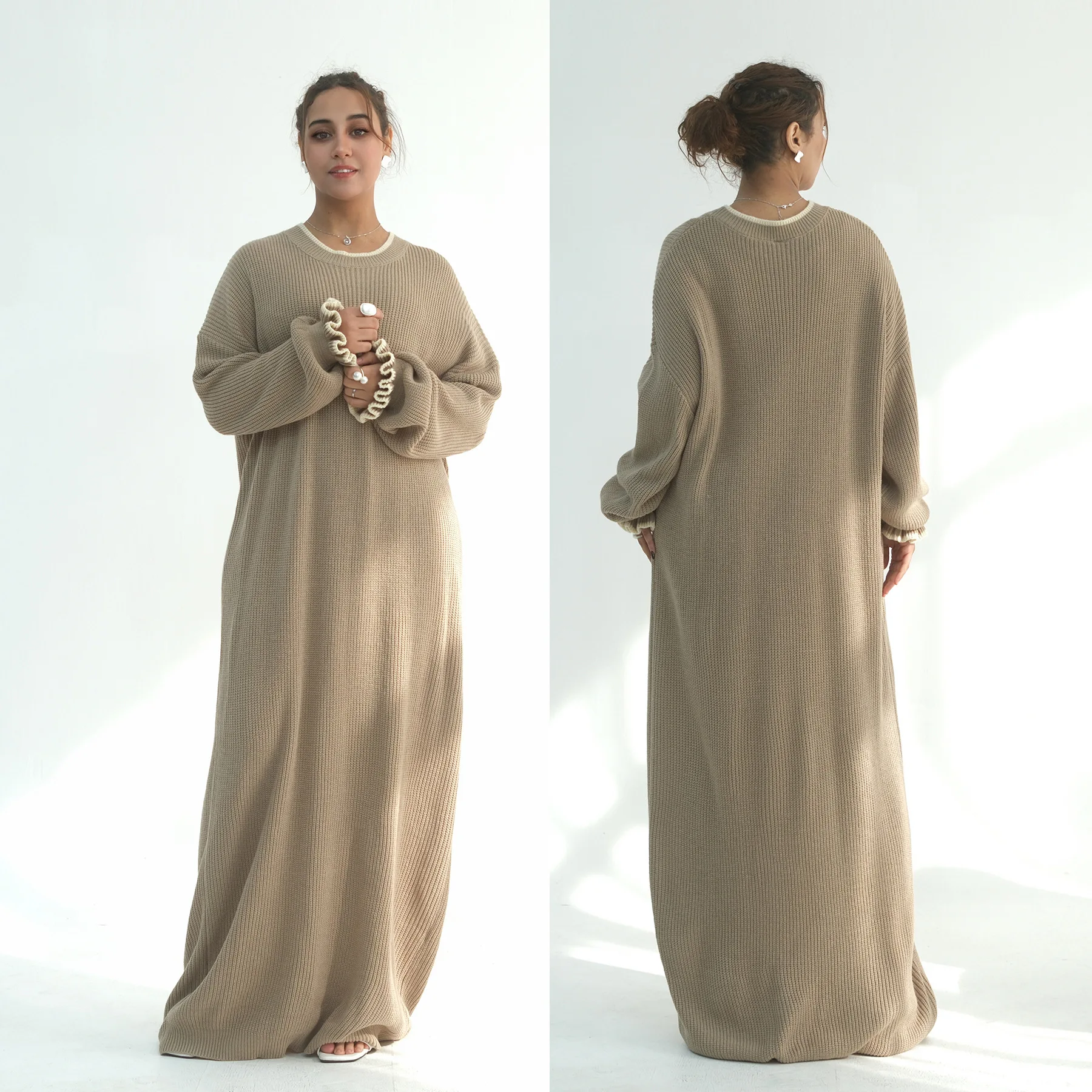 

2026 Modest Autumn Winter Knitting Closed Abaya Thick Warm Women Muslim Dress Elegant Loose Women Knit Long Sweater Abaya Dress