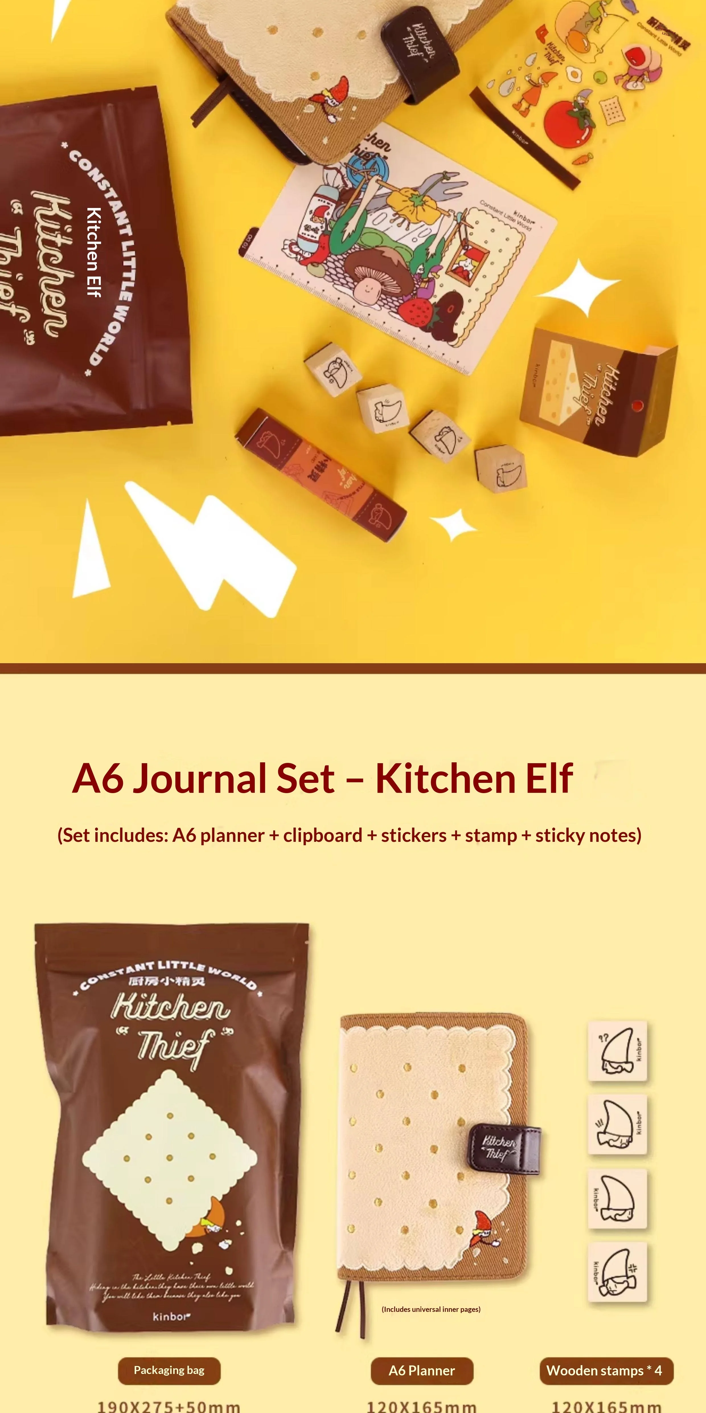 Kitchen Elf A6 Planer-Set, bestickte Keksdecke, Notizbuch, Klemmbrett, Lineal, Block, abnehmbare Seiten, Holzstempel, Aufkleber, süßes Geschenk – Detail 5