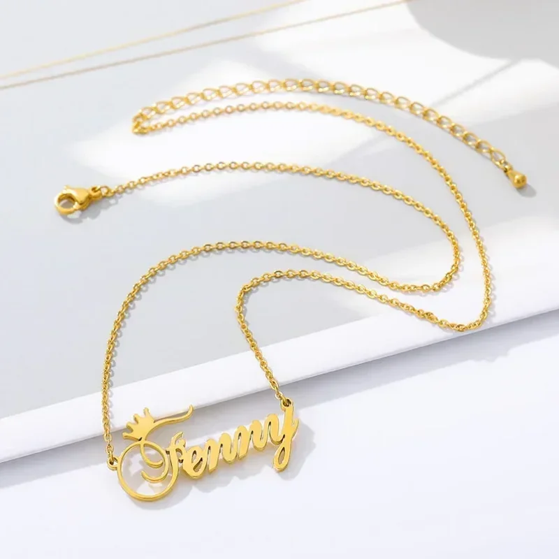 Custom Name Necklace for Women Personalised Crown Cursive Font Gold Stainless Steel Letter Pendant Choker Jewelry Christmas Gift