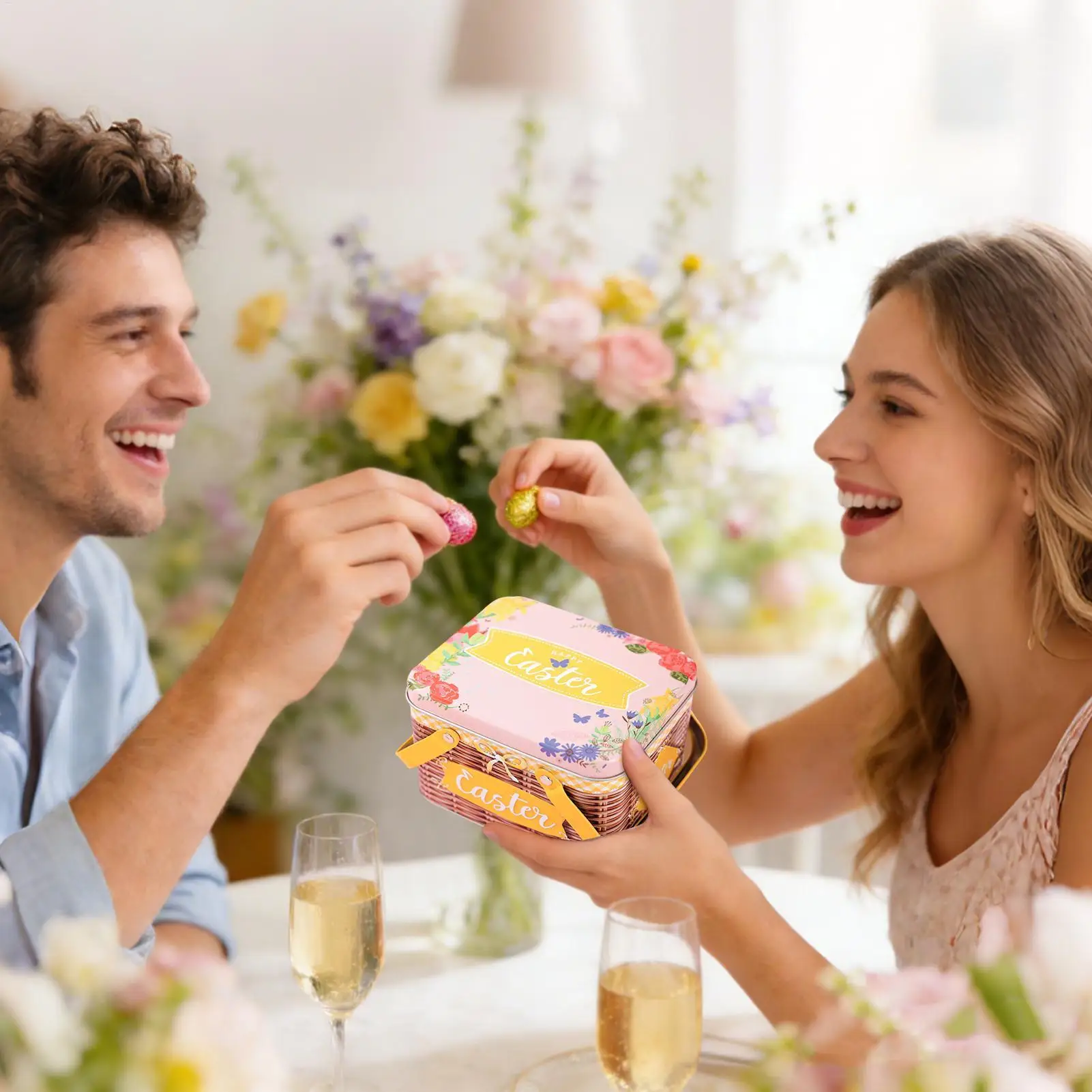 Cesta de Pascua de metal con tapa y asa, caja para galletas, chocolates, regalos festivos, detalles para fiestas