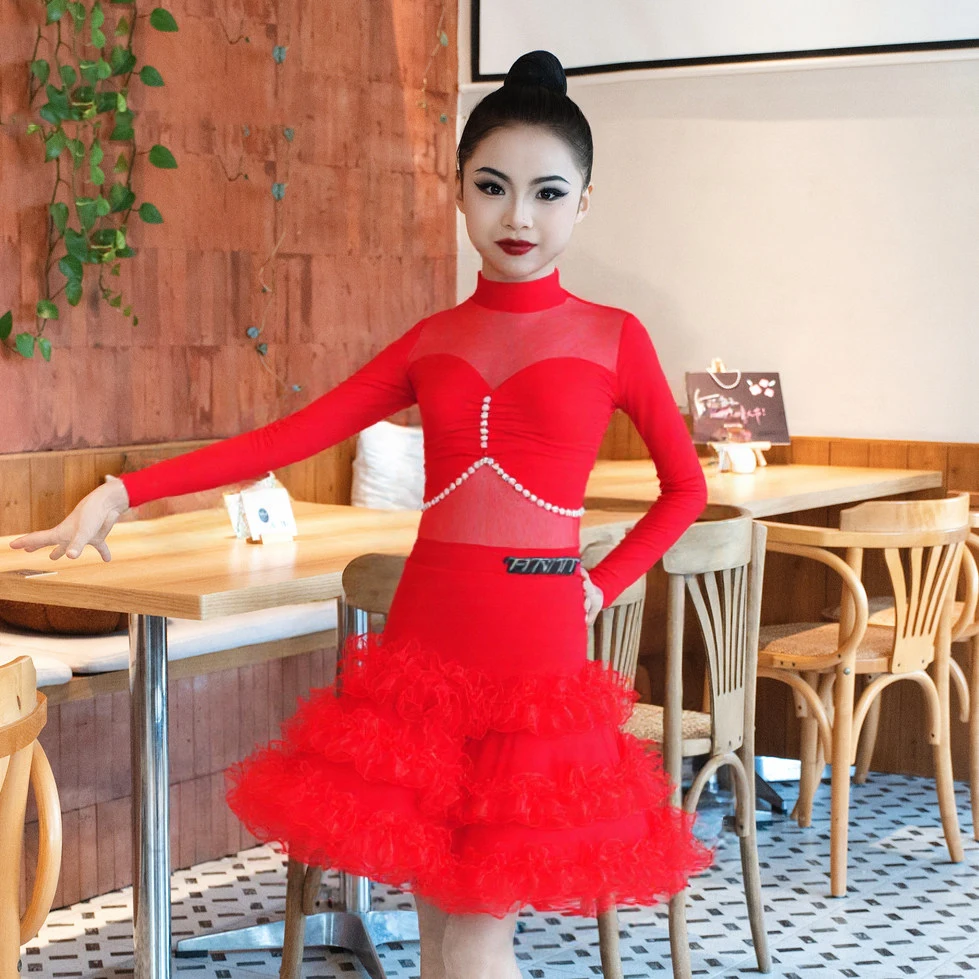 Trajes de baile latino para niñas, faldas divididas con mangas de malla roja, traje de Samba Chacha, ropa de baile latino XH3969, 2026