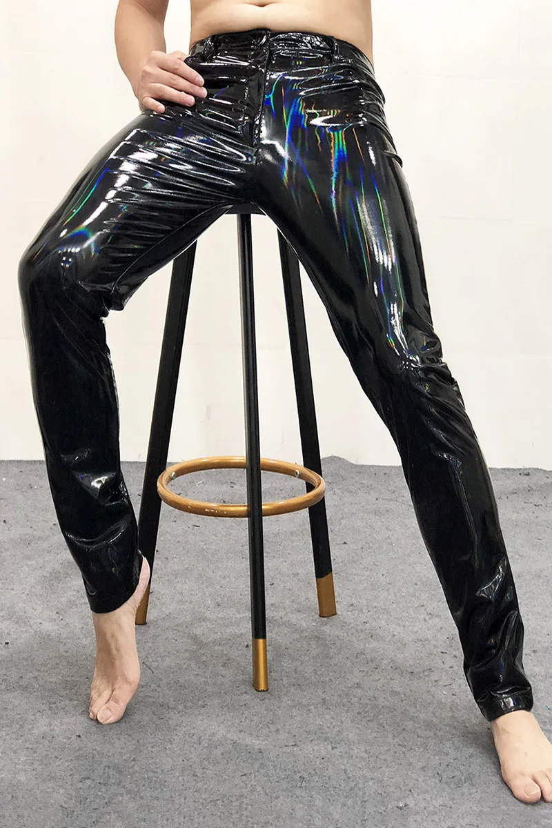 Magic color mirror tight stretch leather pants men's oversized nightclub performance wear soft patent leather smooth sexy pants