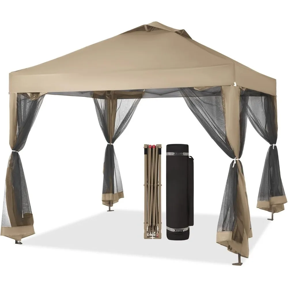 

Gazebo 10x10 Pop Up Canopy with Mosquito Netting, Screen Tent with 4 Ropes, 8 Stakes, 4 Sandbags and Wheeled