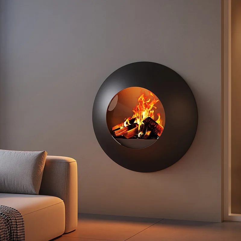 High-end exclusive round fireplace real fire fireplace firewood heating indoor black round villa art