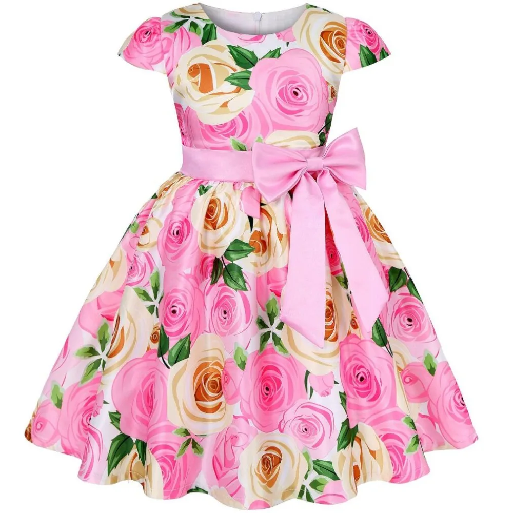 

Summer Girls Rose Print Dress Princess Wedding Birthday Party Frocks Satin Children Vestidos Dresses For Girl Christmas Clothing