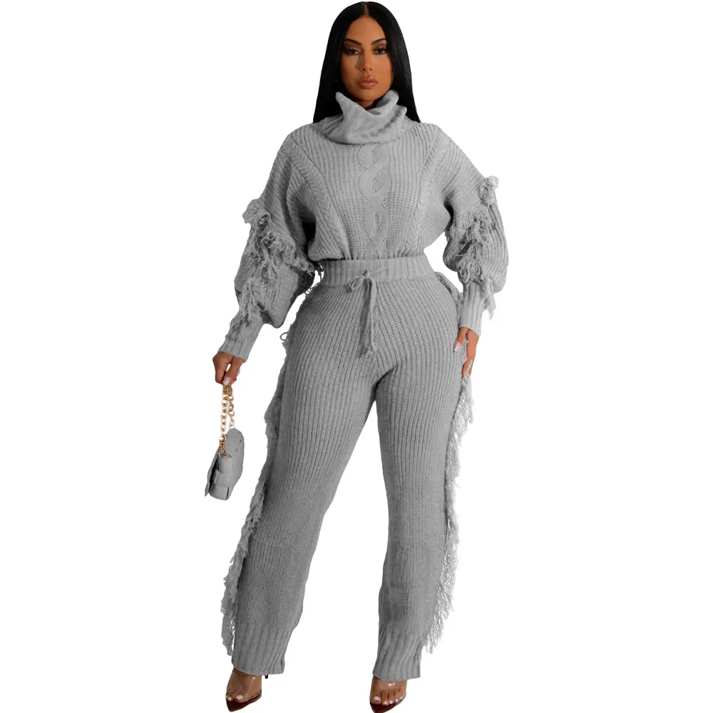 Women Solid Color Long Sleeve Turtleneck and Fringe Trousers Two Piece Suit Winter Casual Knit Thickening Homewear Matching Set