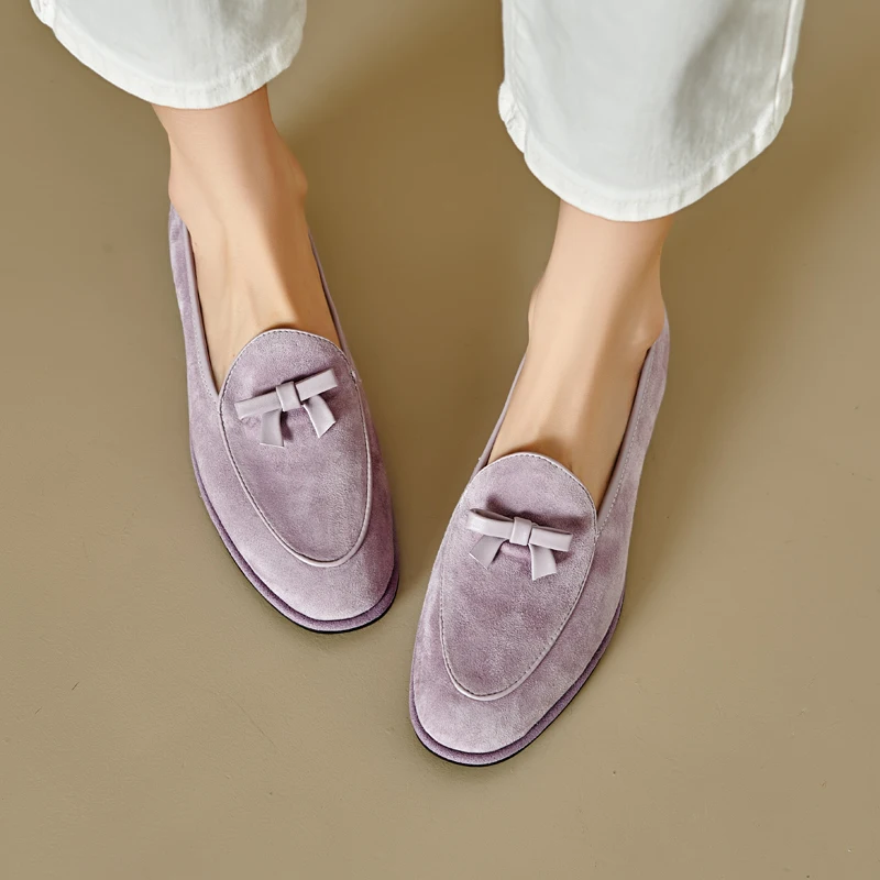 Soft Genuine Leather Round Toe Flats Basic Style Women Loafers Simple Flat Shoes Daily  Mules Spring Autumn Women Bowtie Flats