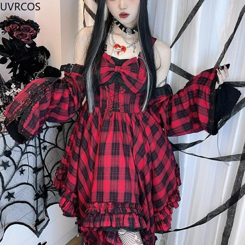 Japanese Y2k Punk Style Lolita Jsk Dress Women Red Bow Plaid Irregular Ruffles Dresses Autumn Clothes Vintage Gothic Party Dress