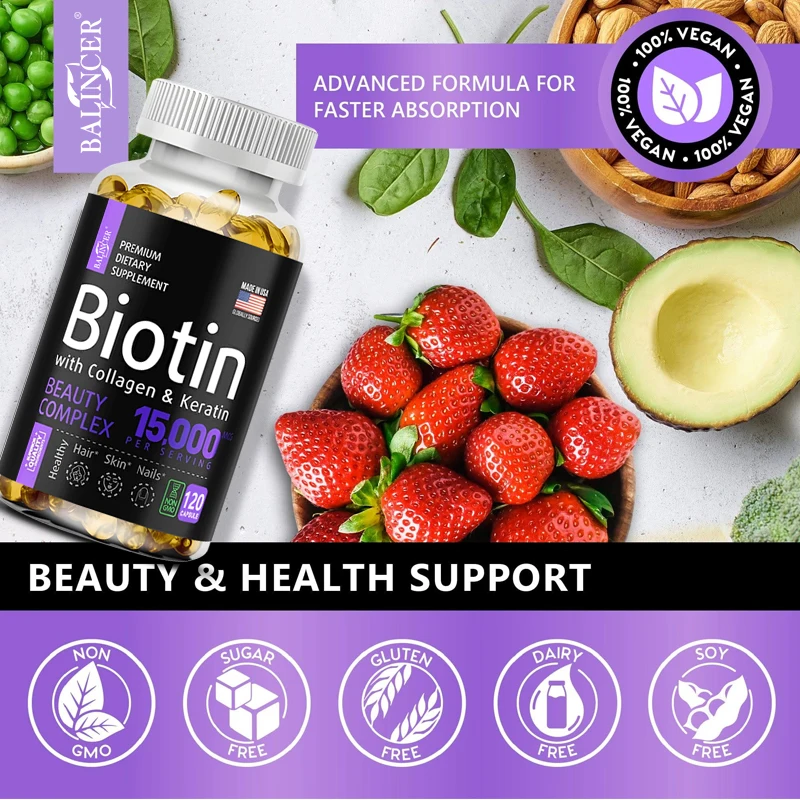 Vitamin Supplements - Biotin Collagen Capsules Promote Hair Growth, Strengthen Nails, Repair Skin, Keep It Healthy and Vibrant