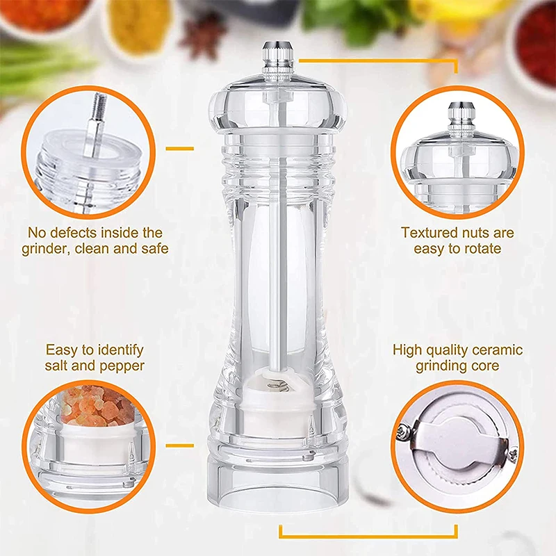 LMETJMA Clear Arcylic Salt Pepper Grinder Mill with Adjustable Coarseness Mills Refillable Sea Salt Pepper Shakers Mill JT133