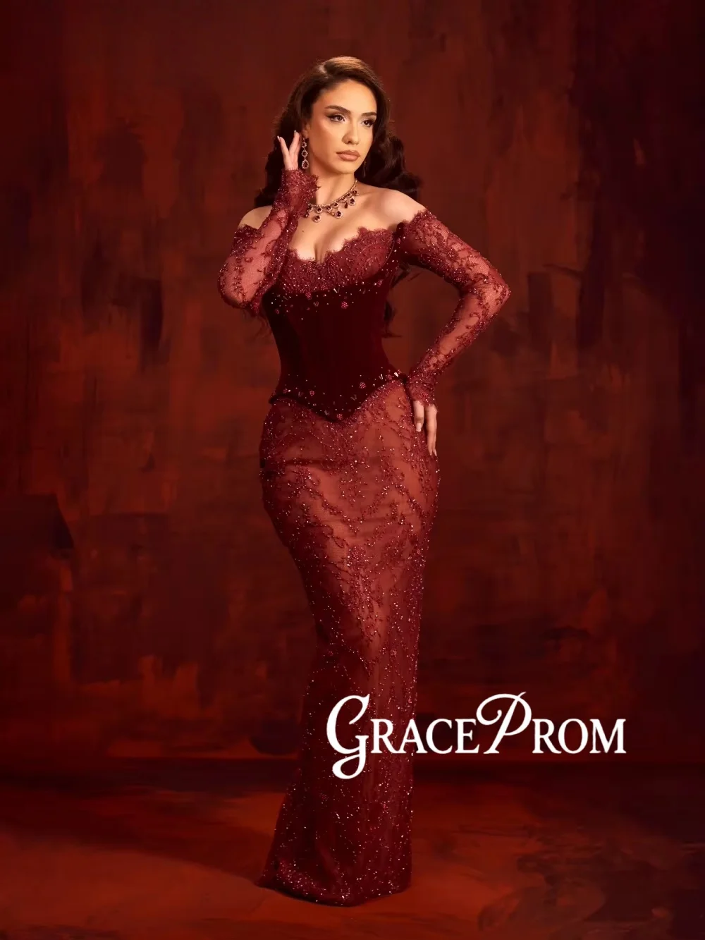 

Wine Red Lace Beaded Evening Dress With Corset Off Shoulder Wedding Party Gown Customized Luxury Illusion Banquet Dresses