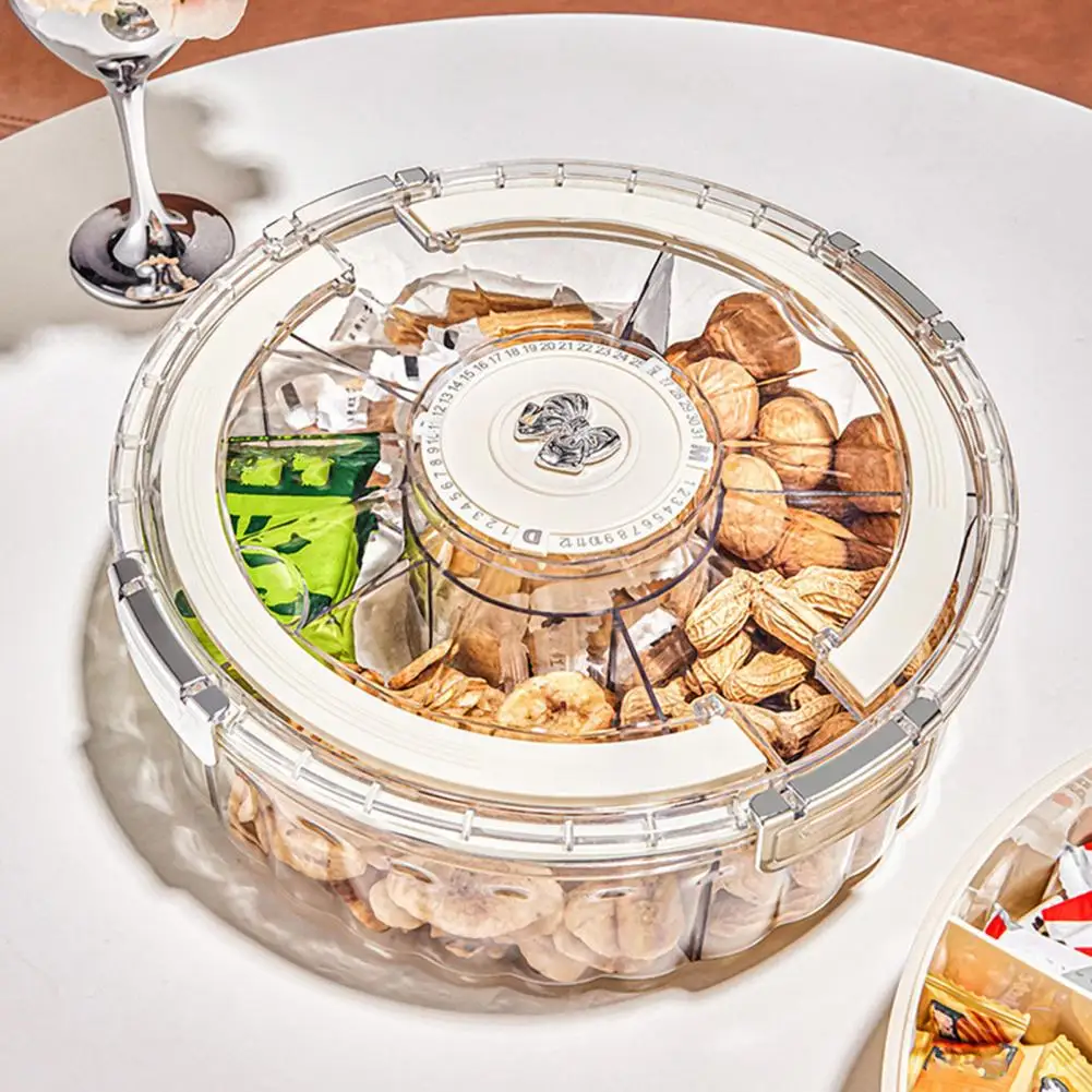 

Party Snack Platter Rotating Snack Tray with Lid Handle 6-compartment Divided Serving Platter Portable Spinner for Snacks
