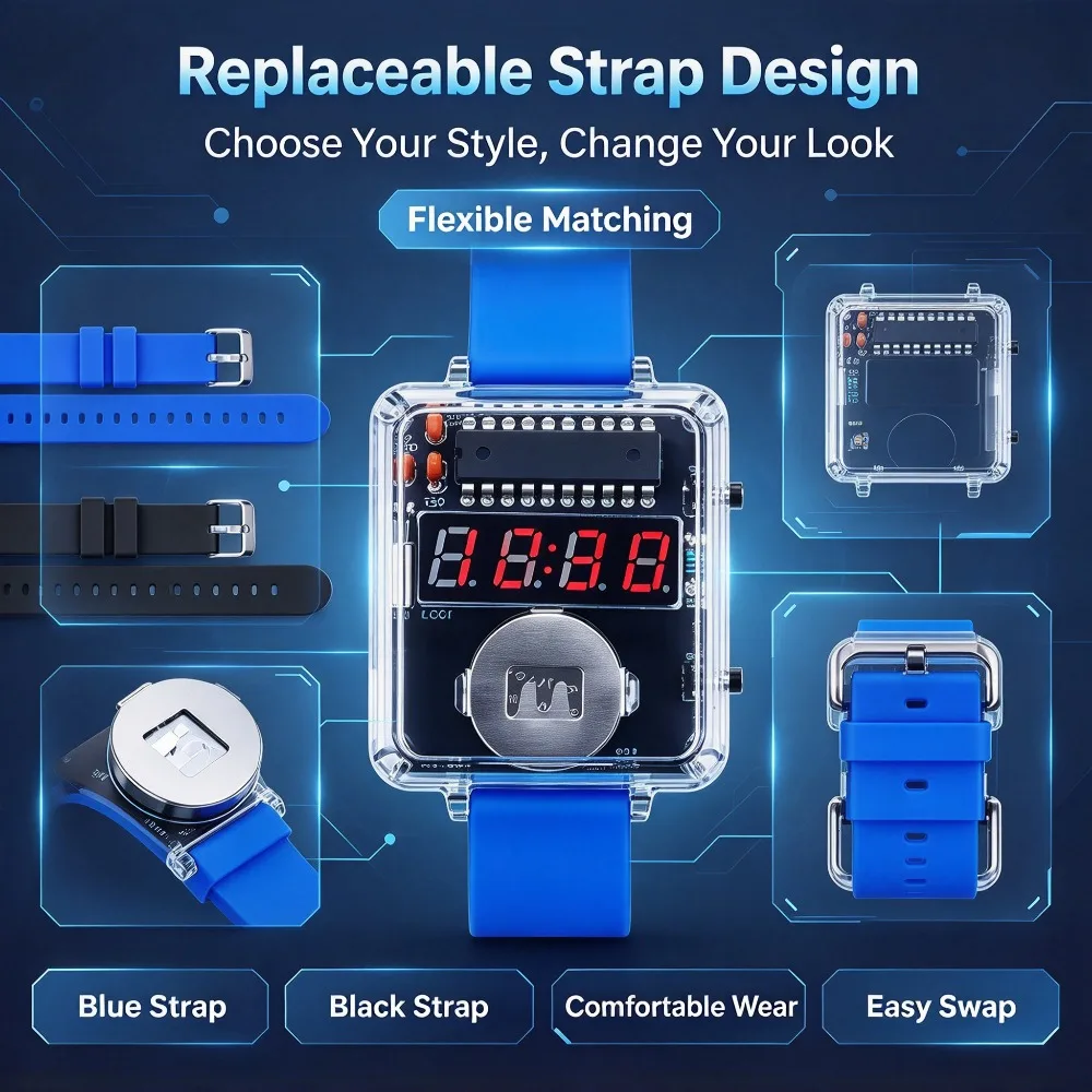 LED DIY Electronic Watch Kit Digital Tube Clock Soldering Practice Assembly Kit Silicone Wristwatch Circuit Board